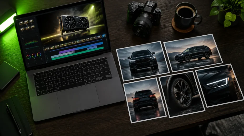 Notebook editando comercial de placa de vídeo ao lado de cinco fotos impressas de um SUV preto, usadas como referência de produto no Higgsfield Katana