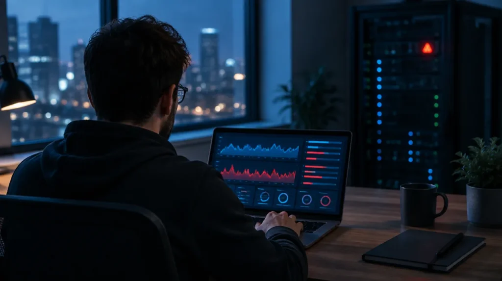 Desenvolvedor diante de um notebook com gráficos de servidor à noite, cena ligada à vulnerabilidade crítica do PHP